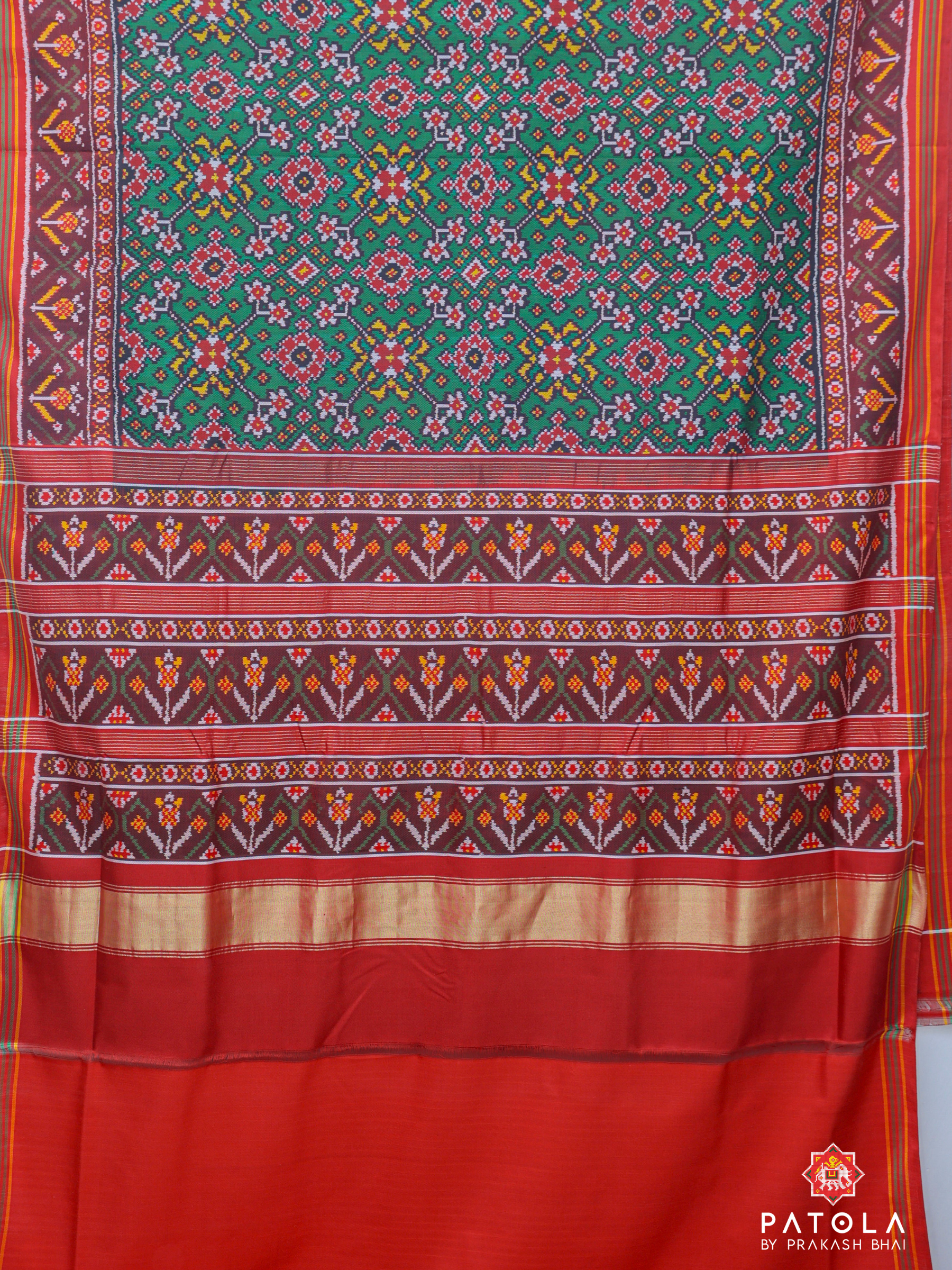 Green With Red Navratna Designer Semi Double Ikat Patola Saree